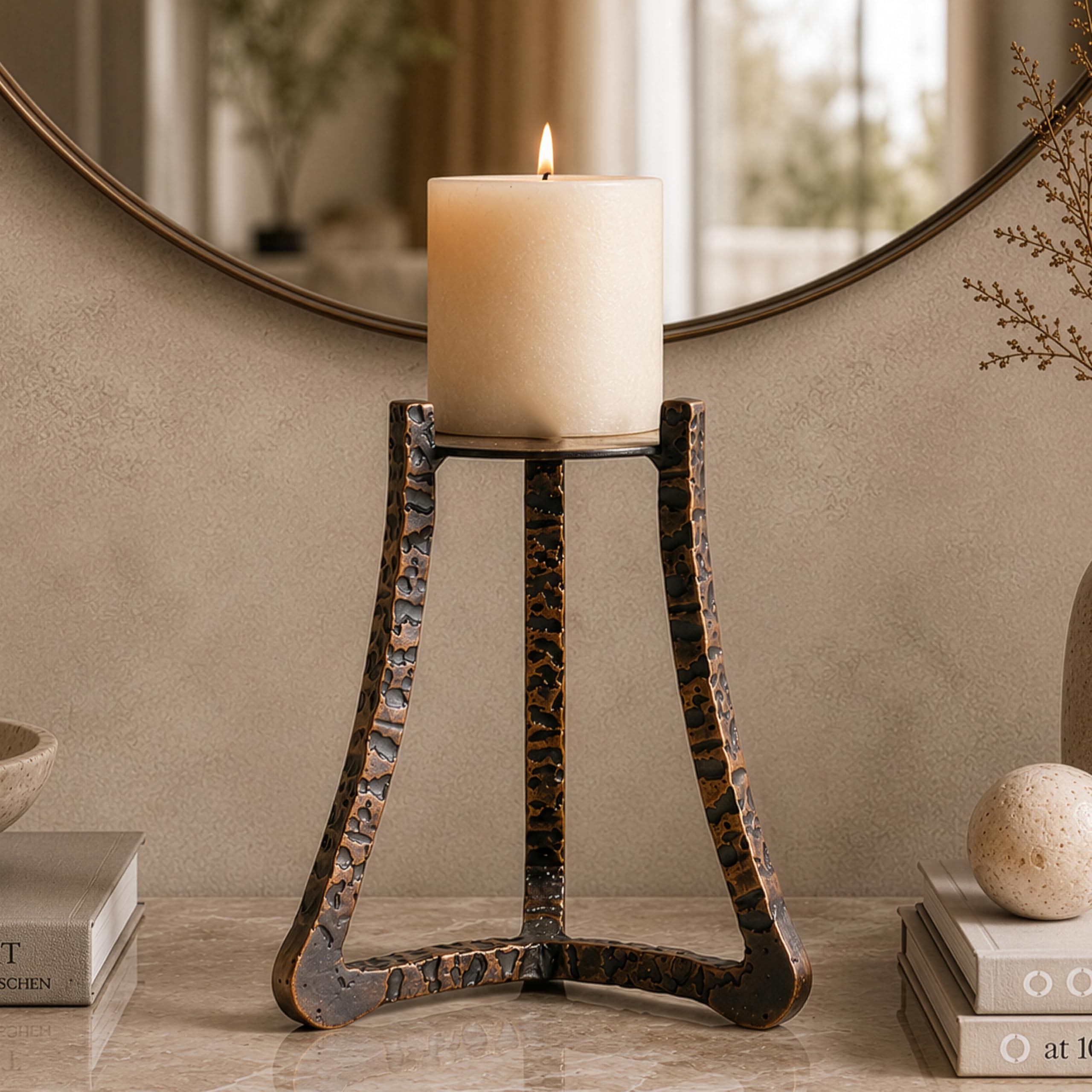 Helios Pyrr Tripods Candle Stand - Antique Copper | Luxury Metal Candle Holder Set for Home, Living Room & Gifts | Modern Decorative Centerpiece