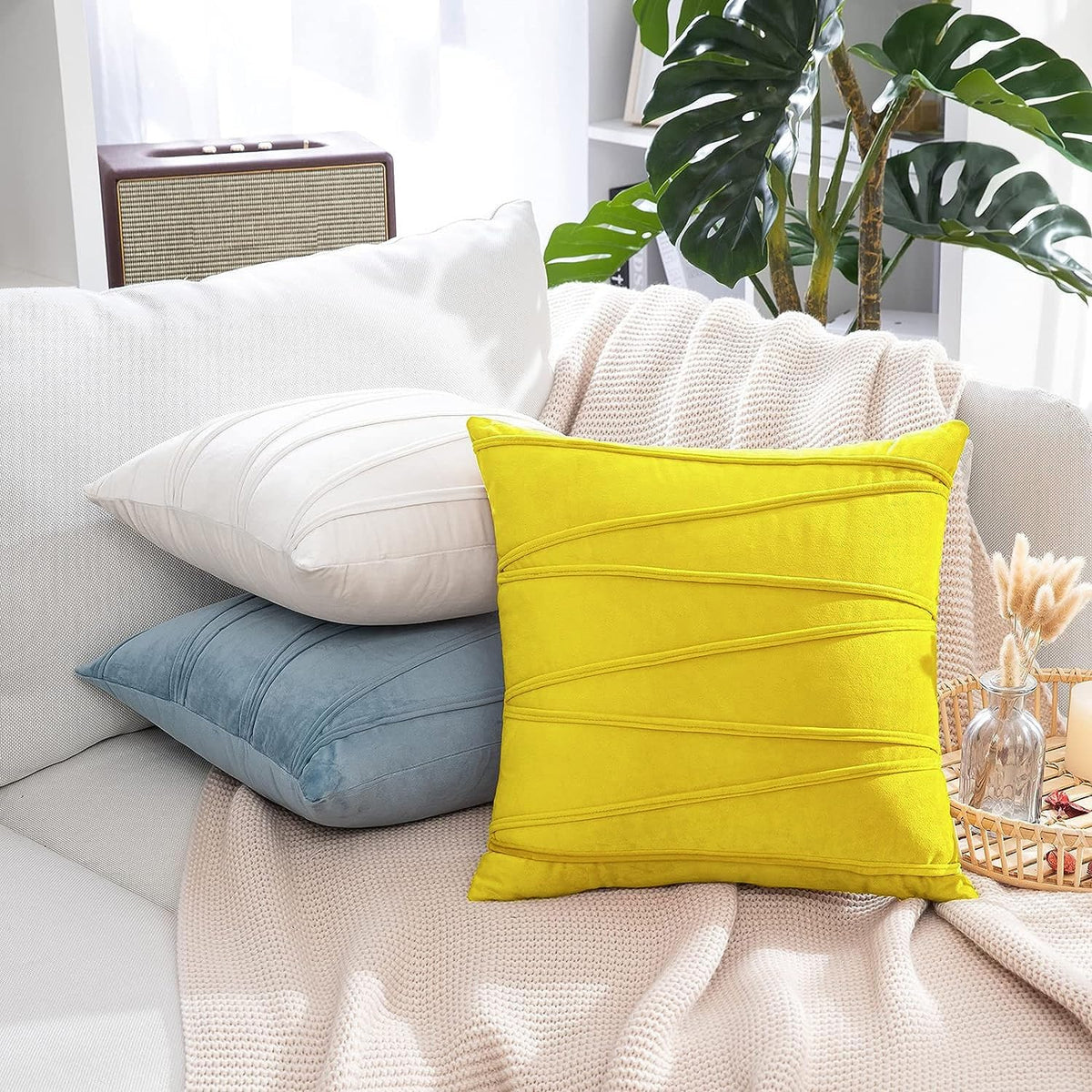 Khooti Velvet Striped Cushion Cover Pack of 1-28X28/71X71 Cm | Lemon Yellow | Soft Pillow Covers Cushion Case for Sofa Bedroom Living Room Chair Car, Cushion Cover with Zig Zag Pattern