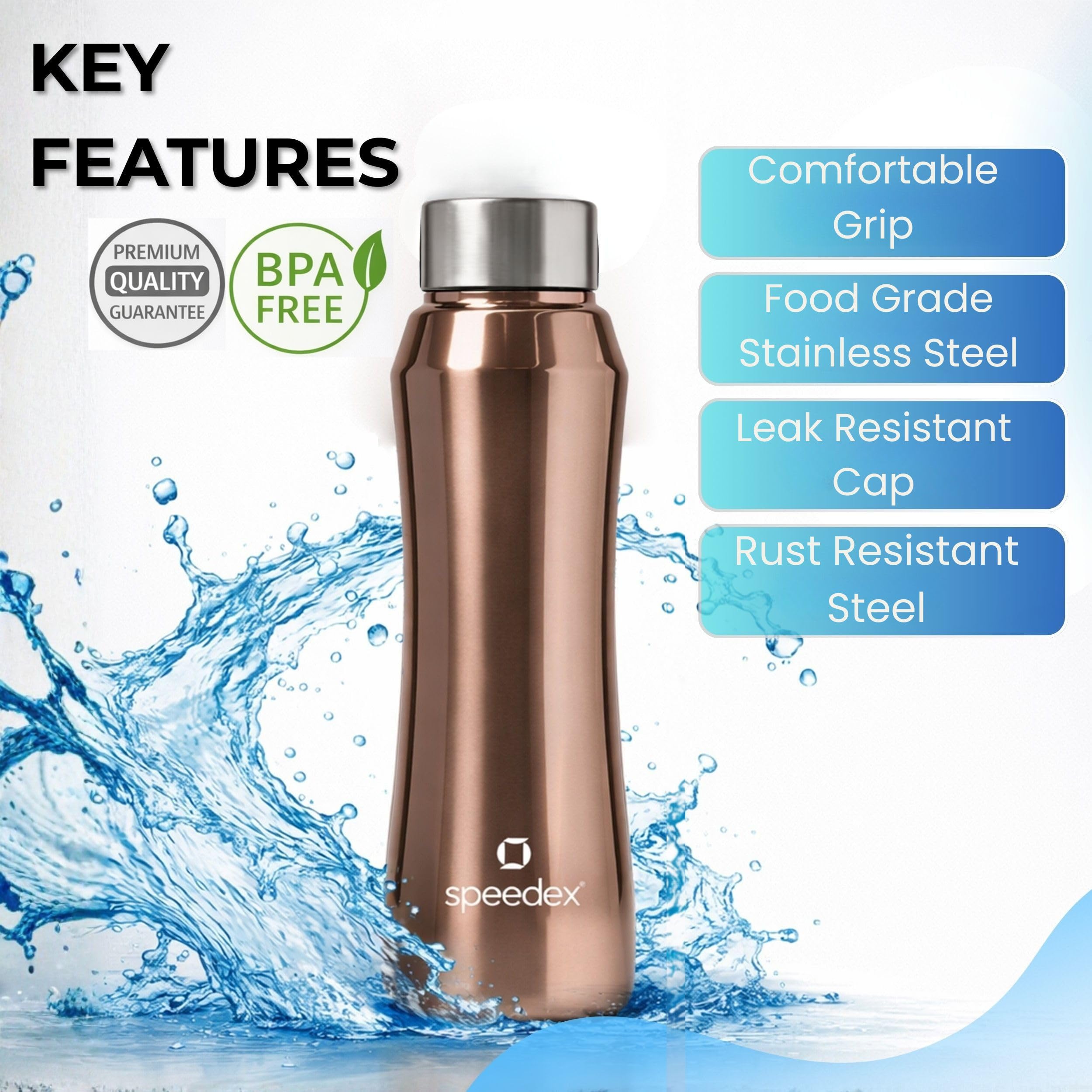 Speedex Stainless Steel Water Bottle 1 Ltr, Leak Proof Screw Cap, BIS Approved 1000 ml Metal Bottle For Daily, Office, School, Gym, Travel Use for Men, Women, Kids, Adults, Copper Gold, Set of 4
