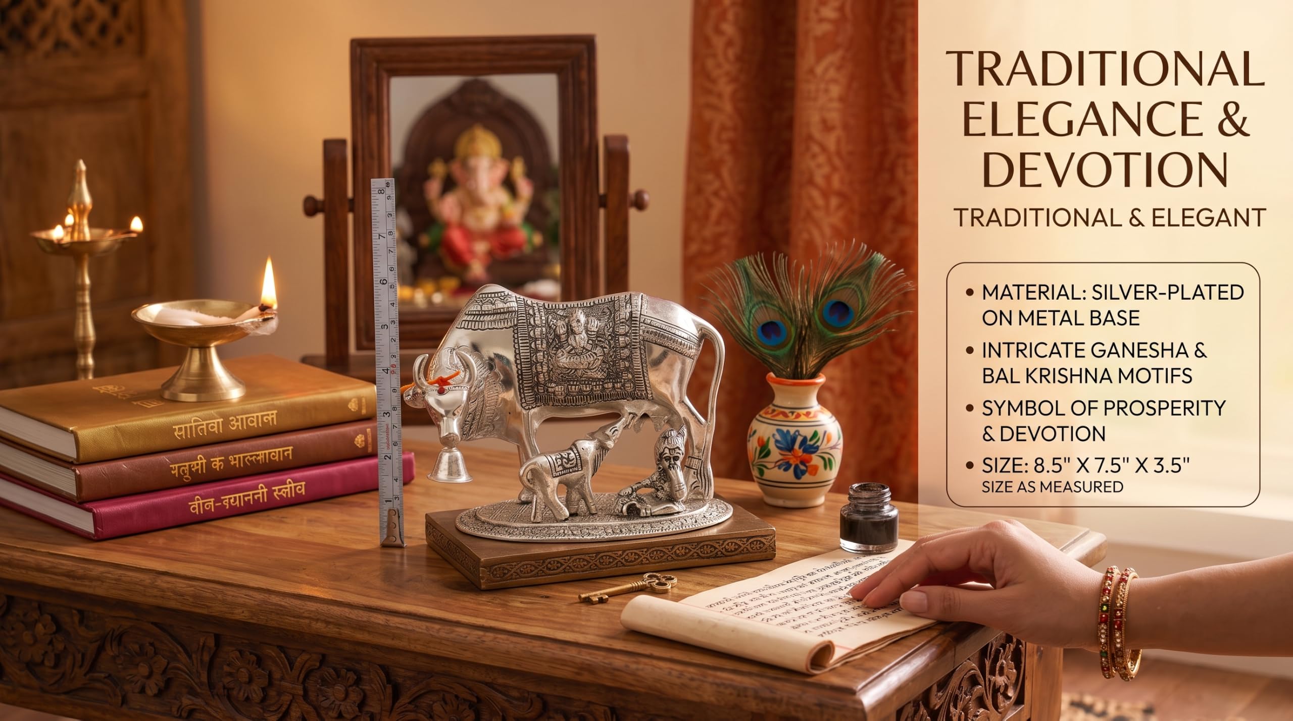 KridayKraft Kamdhenu Cow & Calf with Bal Gopal Krishna Metal Statue Vastu Idol for Good Luck, Wealth & Prosperity, Feng Shui Showpiece for Home, Office & Housewarming Gift (Silver)