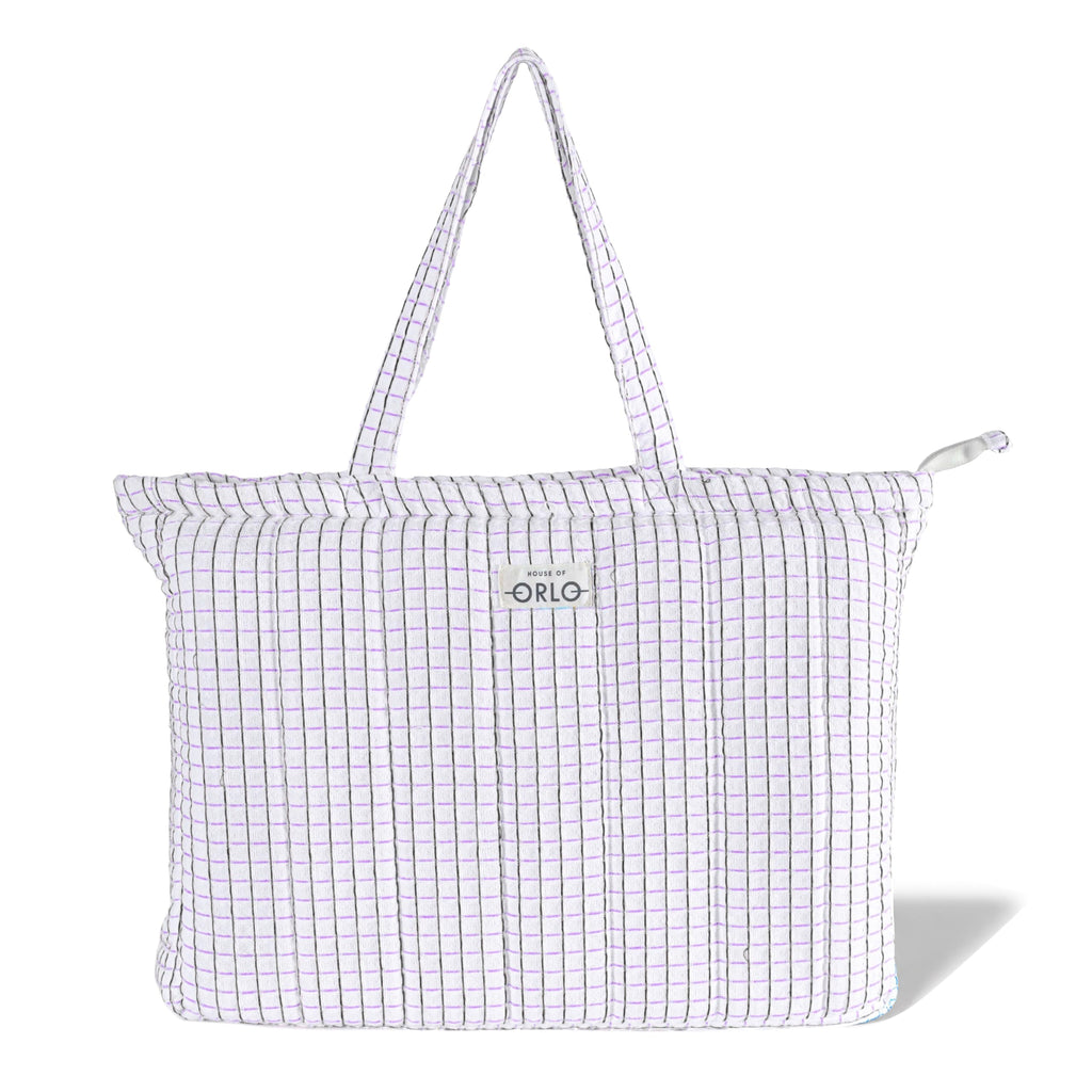 HOUSE OF ORLO Premium Cotton Waffle Quilted Tote Bag, Large Spacious Handbag for College, Office, Work, Travel, Shopping & Daily Use - Black&Lavender