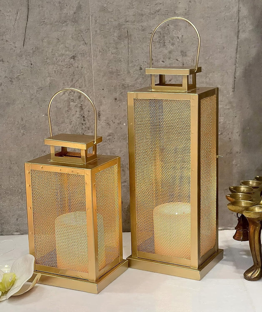W A Handicraft Set of 2 Iron Lantern and Candle Tealight Holder for Home Decor I Candles for Home Decor I Candle Holders for Home I Gold Lantern