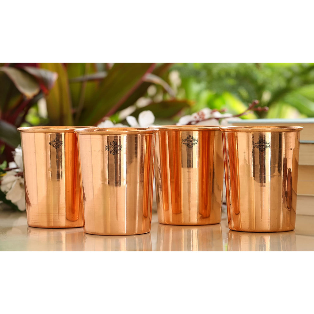 INDIAN ART VILLA Copper Plain Shine Finish Glass - 275 ML Tumbler, Copper Drinkware & Serveware, Ideal for Water Drinking, Perfect Gifting Option for Festivals and Special Occasions, Set of 4