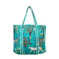 MITTICO Quilted Cotton Tote Bag for Women – Handmade Travel Shoulder Handbag with Zipper & Multiple Pockets | Lightweight & Durable Everyday Tote Bag | Turquoise Blue Jungle Print