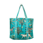 MITTICO Quilted Cotton Tote Bag for Women – Handmade Travel Shoulder Handbag with Zipper & Multiple Pockets | Lightweight & Durable Everyday Tote Bag | Turquoise Blue Jungle Print