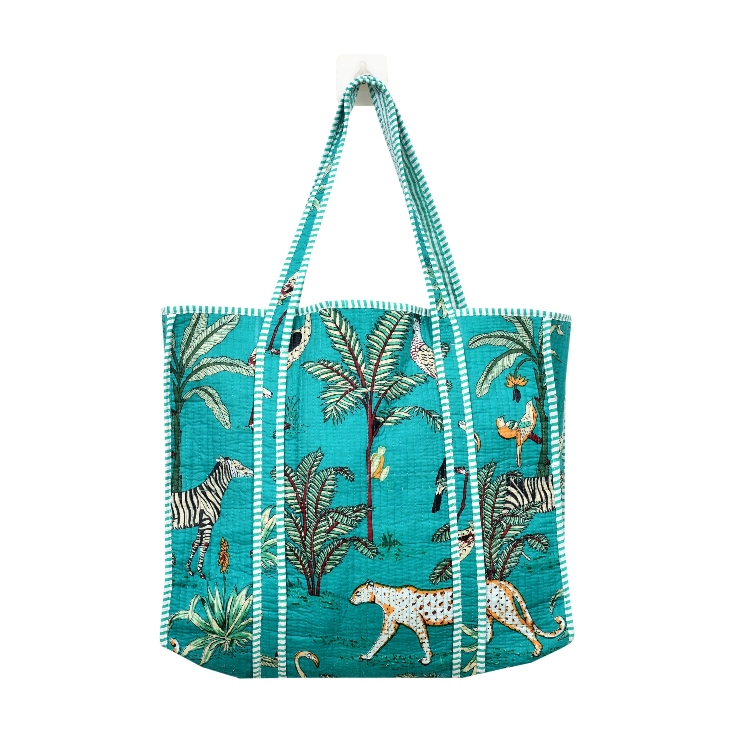 MITTICO Quilted Cotton Tote Bag for Women – Handmade Travel Shoulder Handbag with Zipper & Multiple Pockets | Lightweight & Durable Everyday Tote Bag | Turquoise Blue Jungle Print