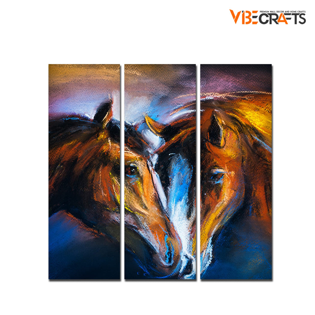 VIBECRAFTS 3 Pieces A Couple Of Horses Canvas Wall Painting Fitted With Wooden Frame For Home | Office | Living Room | Gifts (PTVC3Pcs1_9526)