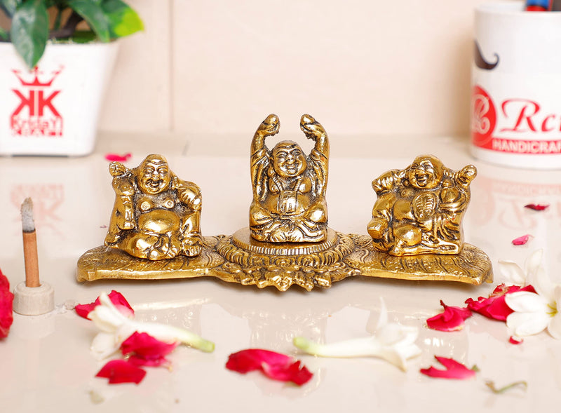 Prince Home Decor & Gifts Metal Handicrafts Antique Gold Plated Laughing Buddha in 3 Postures, Standard