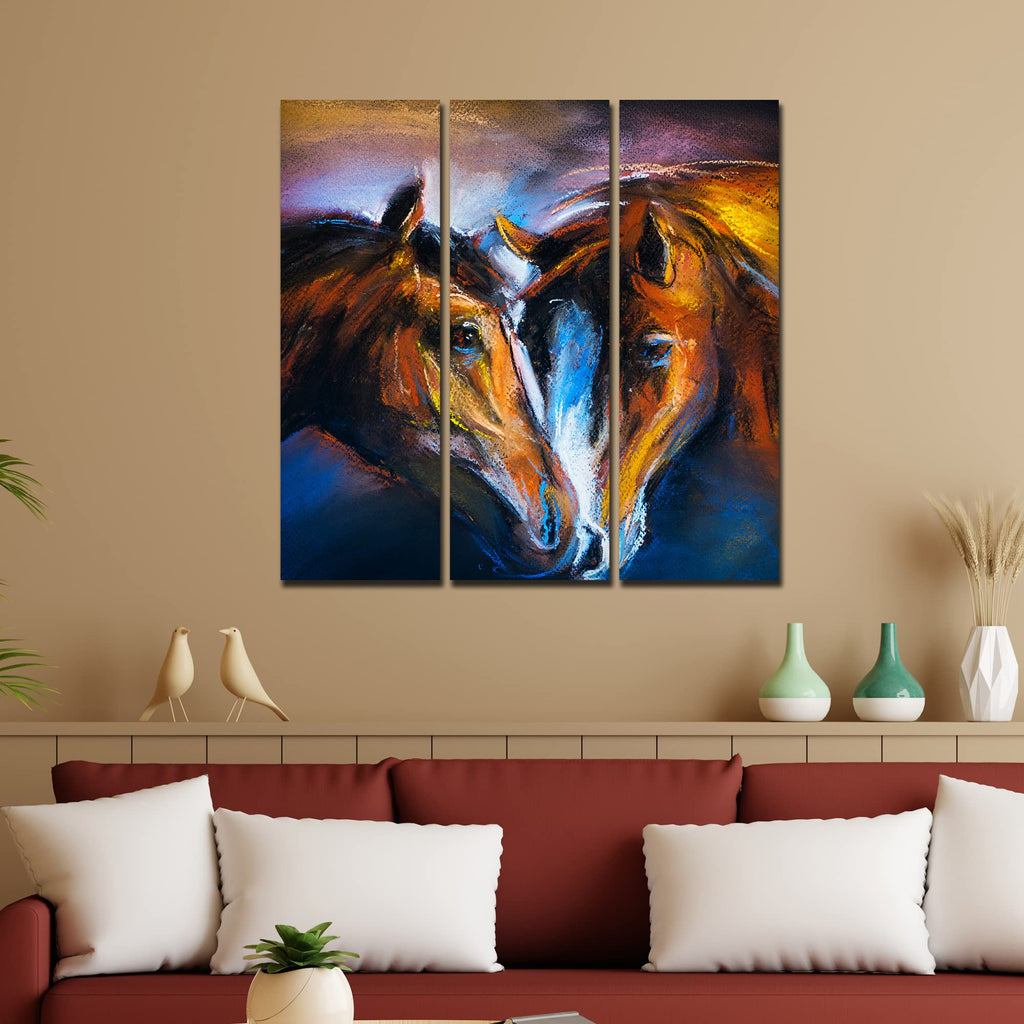 VIBECRAFTS 3 Pieces A Couple Of Horses Canvas Wall Painting Fitted With Wooden Frame For Home | Office | Living Room | Gifts (PTVC3Pcs1_9526)