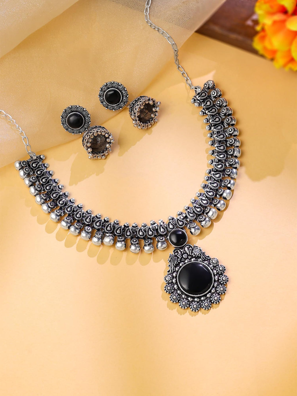Yellow Chimes Oxidized Silver Kolhapuri Necklace Set with Jhumka Earrings Jewellery Set for Women (Oxidized Silver, Black) (YCTJNS-01CHOKR-BK)