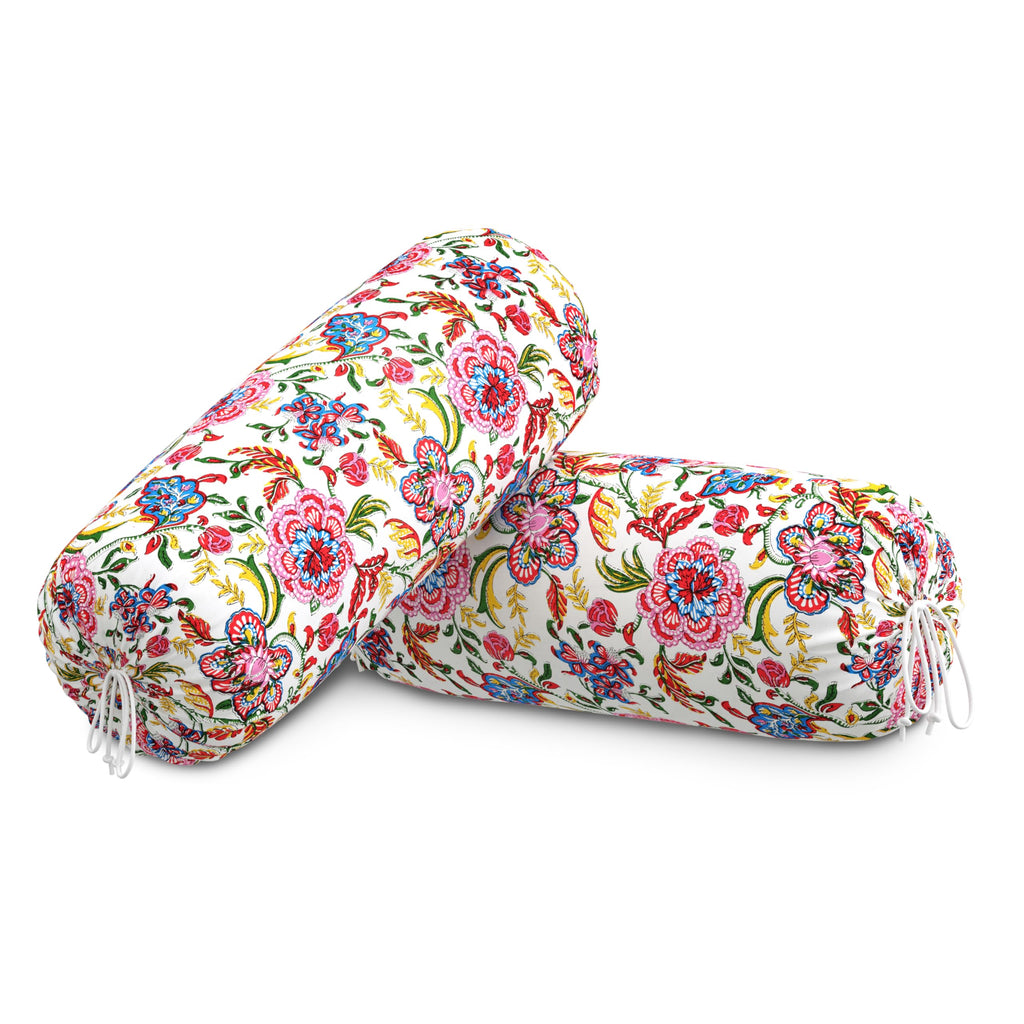 BLOCKS OF INDIA Cotton Hand Block Printed Bolster Cover | Booster Cover with Drawstring | Round Long Pillow Cover for Bed | Dewan Pillow Cover Set 16 X 32 | Set of 2 (White JAAL)