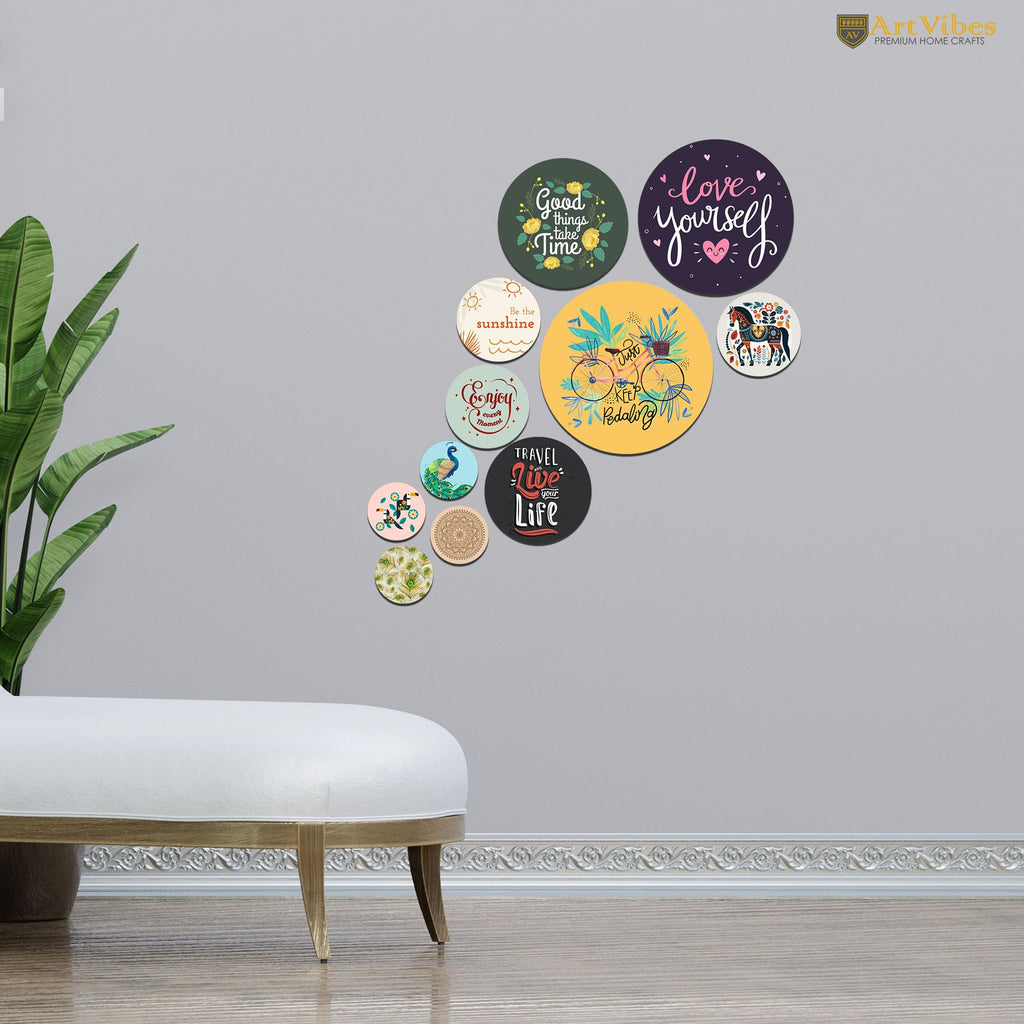 Artvibes Travel & Live Your Life Decorative Round Shape MDF Wooden Wall Hanging | Quotes Decor Item | Traveller Quotes Wall Art | Wall Illustrations | Home Decor | Unique Gift (WPS_141NN), Set of 11