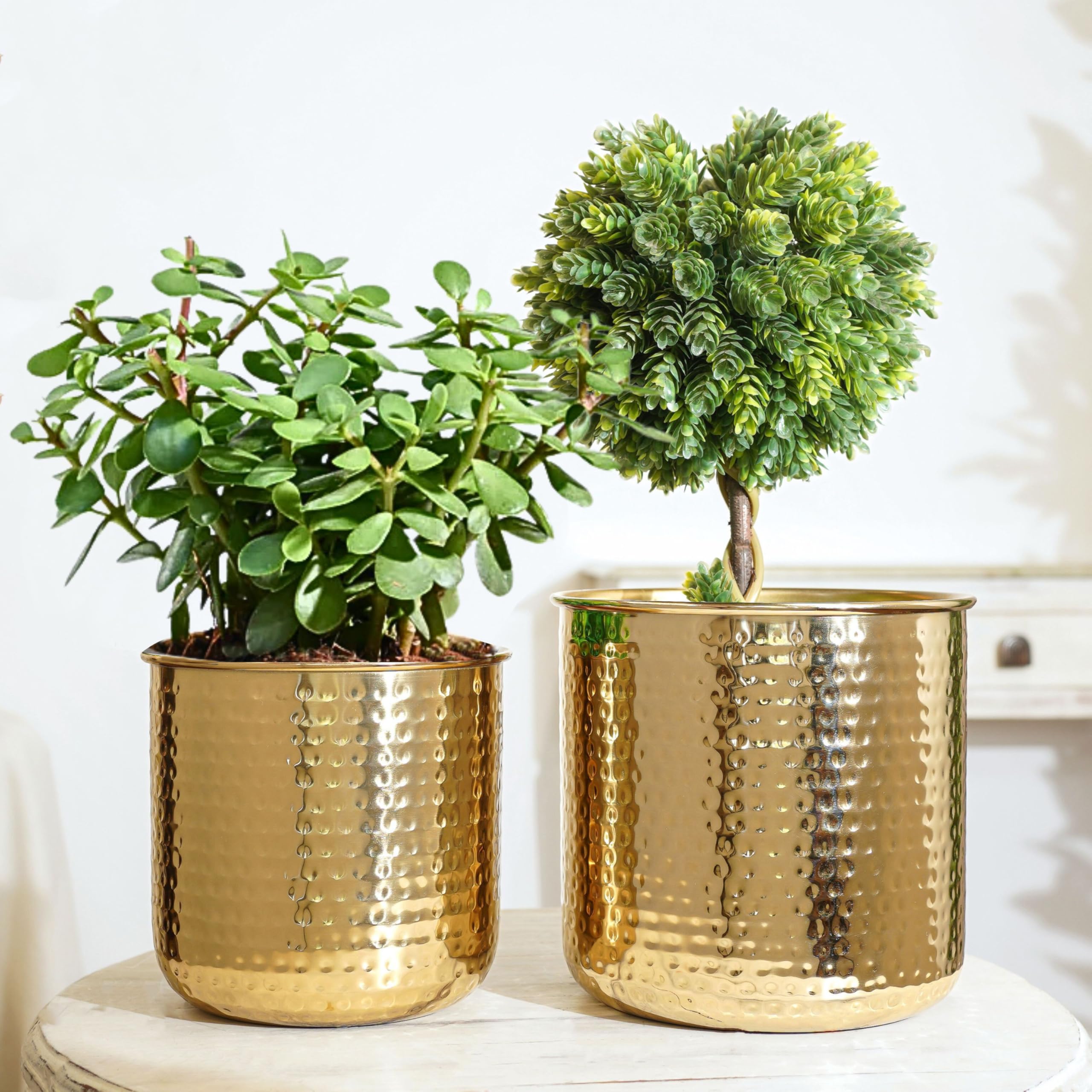 BEHOMA Hammered Metal Indoor Planter for Table, Gold - Pack of 2