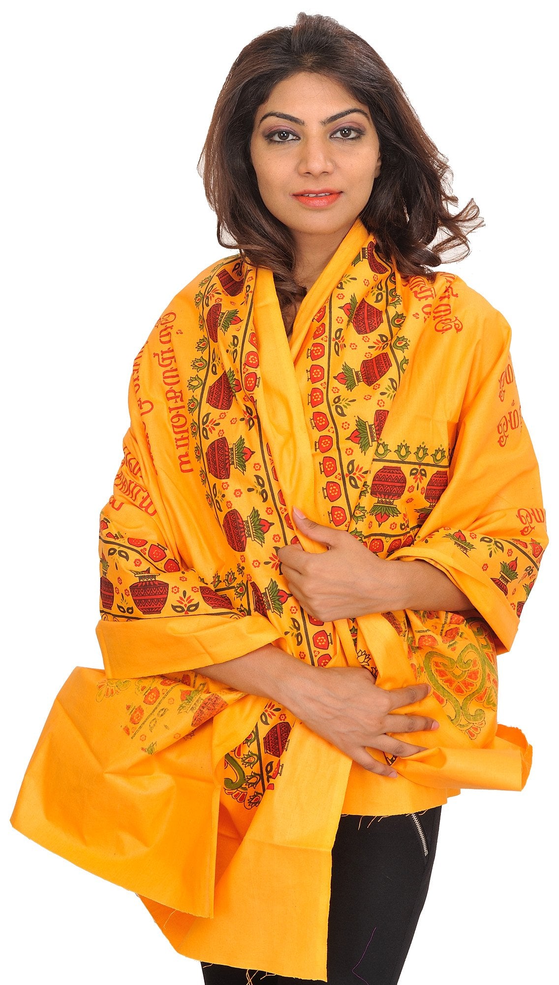 Exotic India Marigold Om Shakti Prayer Shawl from Tamil Nadu with Print - Orange