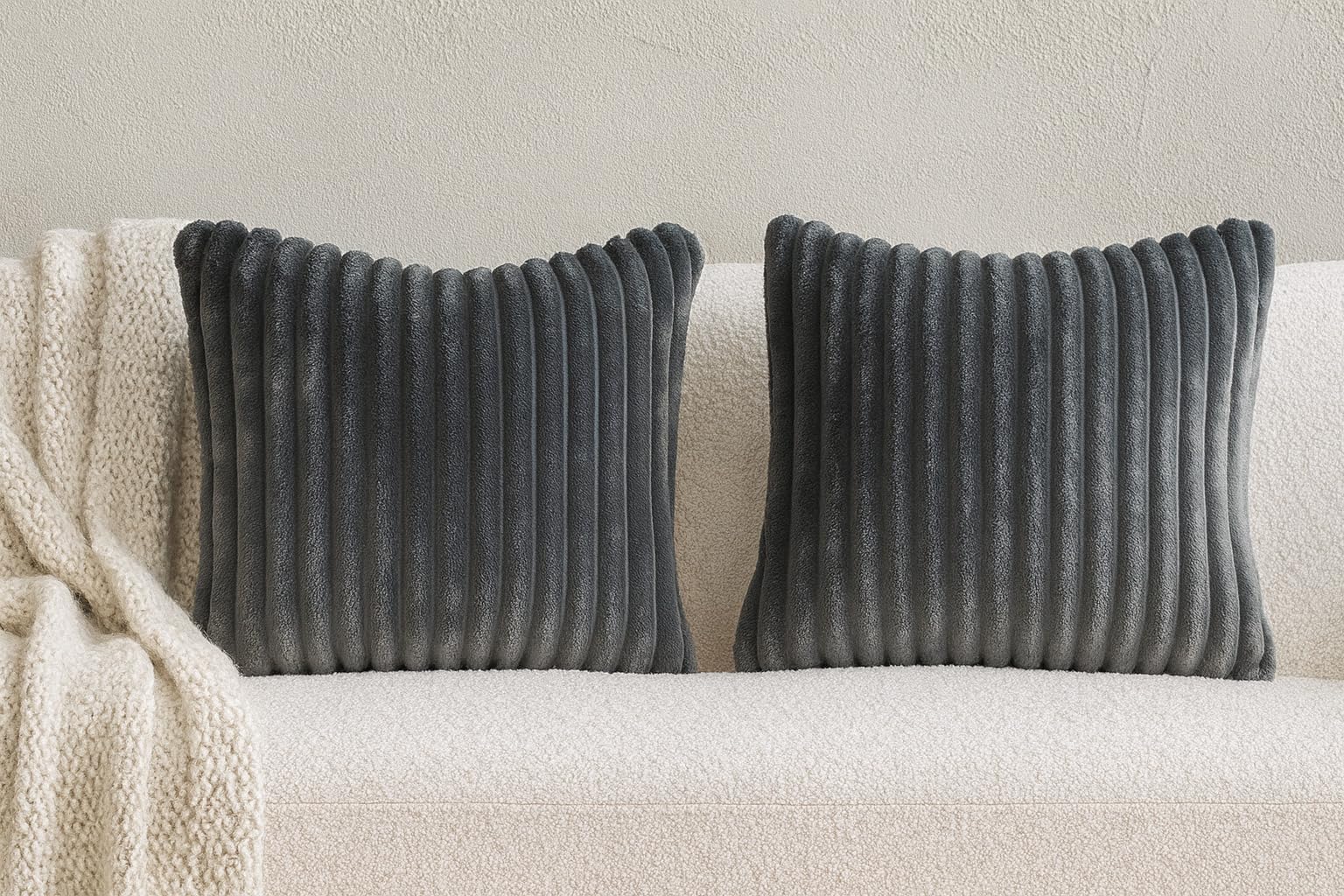 AWARD VELVETS Premium Faux Rabbit Fur Plush Luxury Soft Fluffy Striped Decorative Throw Pillow/Cushion Covers for Sofa, Couch, Living Room - (Dark Grey, 16 x 16 inch) Set of 2