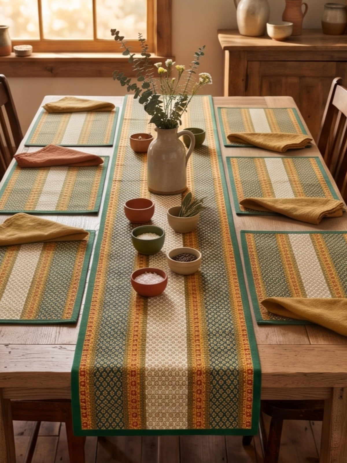 KalaTree Dining Table Mats Set of 6 Pieces with Runner Reversible Handmade Heat Resistant Placemats | Korai River Grass Madurkathi | Natural Eco Friendly | Nature Green Tablemats Kafalo