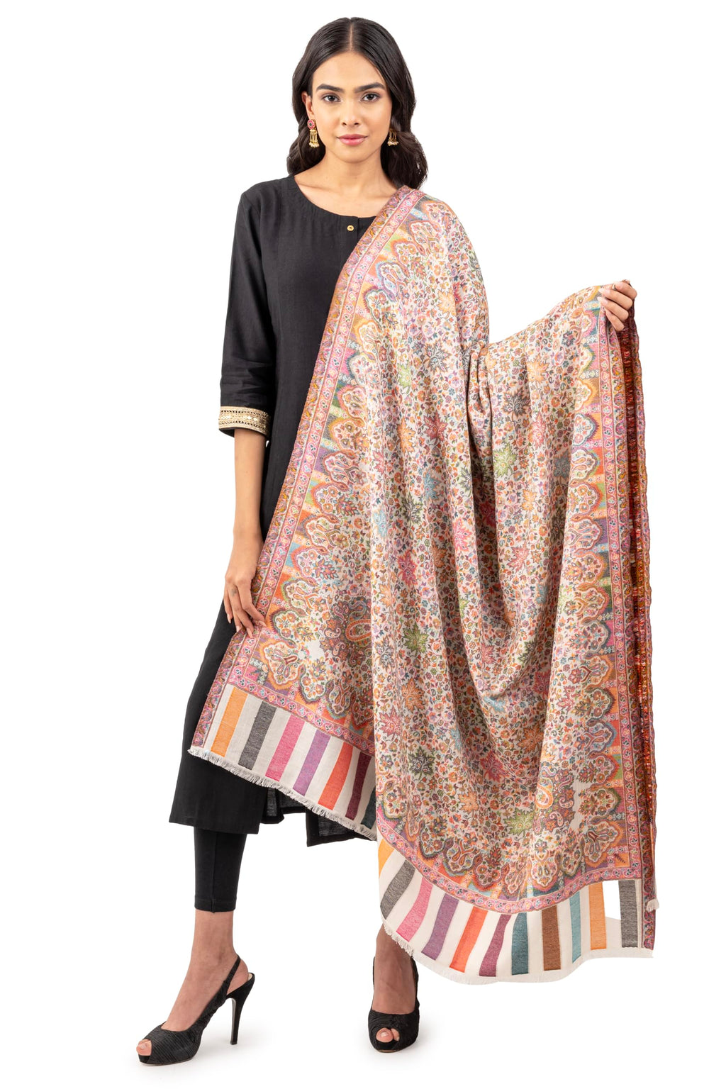 Naureen Women Pashmina Blend Kani Shawl with Floral Artwork, Warm and Soft, 40x80 inch