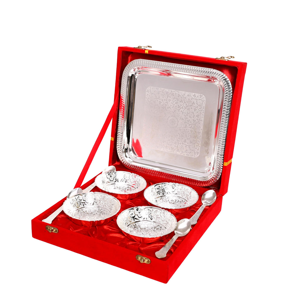 R Ayurveda Copper Dessert 4 Bowl Set with 4 Spoons and 1 Tray, Silver Finish | Traditional Serving Set for Desserts | Ideal Gift for Birthday & All Occasions