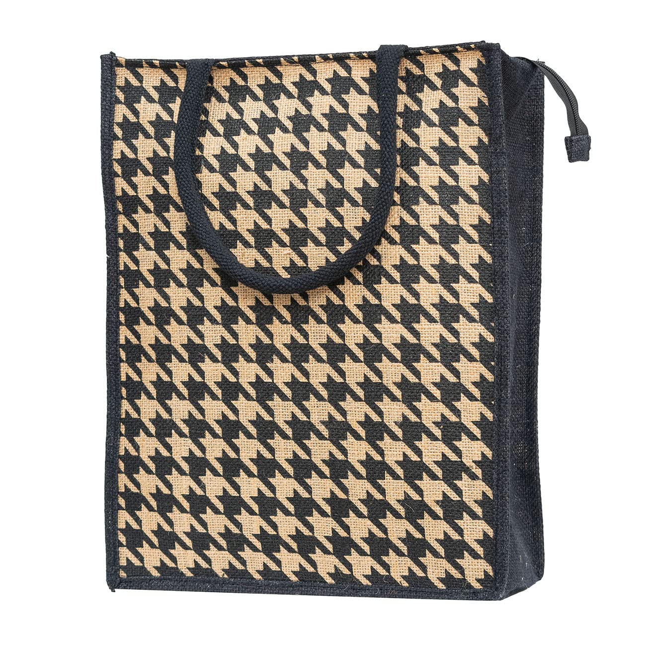 JUTEKA Natural Brown Houndstooth Printed Jute Bag Lunch Bag, Grocery Bag, Tote Bag, Hand Bag, Picnic Bag - Bag for Men, Bag for Women, Girls Bag, Lunch Hand Bag for Kids with Zip