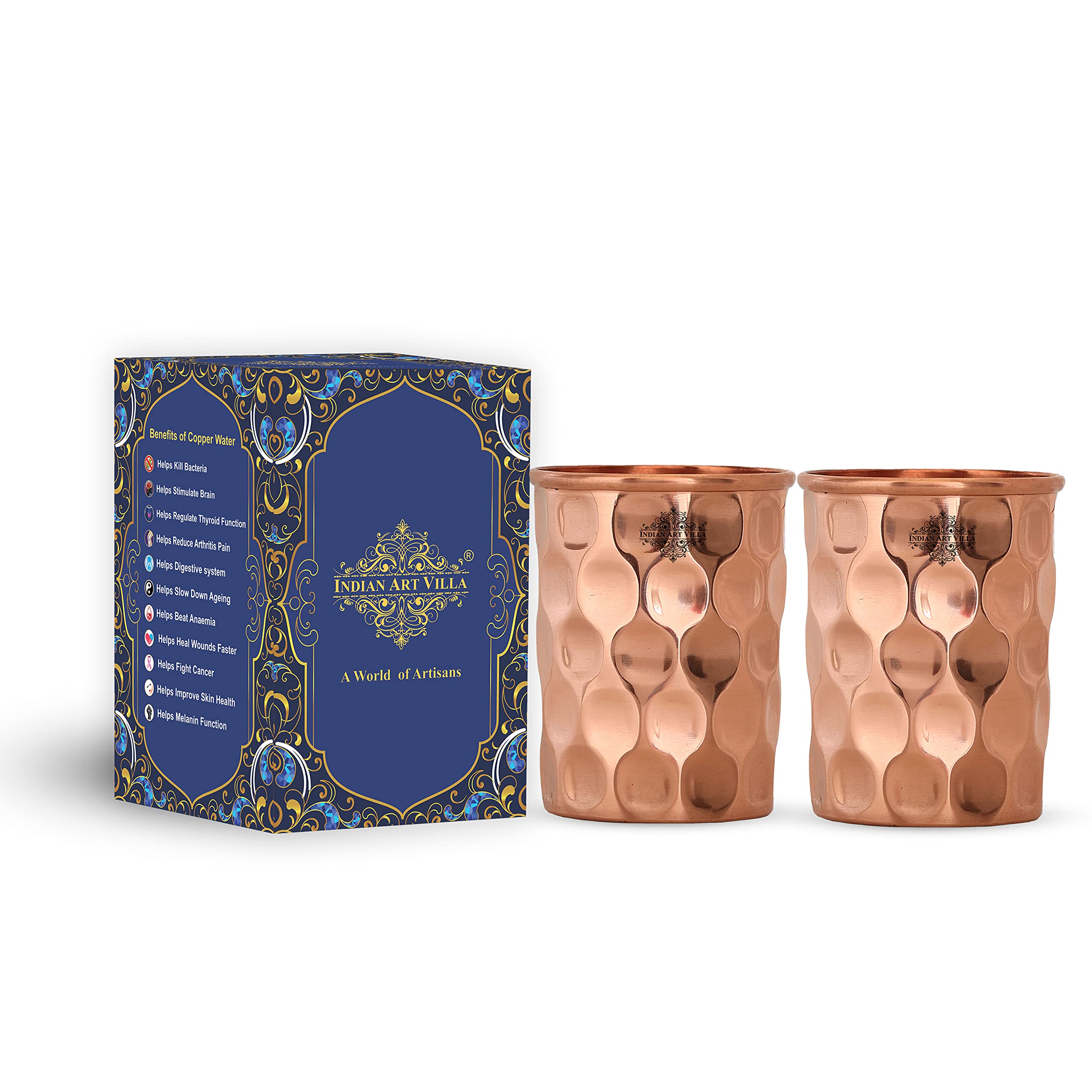 INDIAN ART VILLA Pure Copper Plain Glass with Diamond Hammered Design, Drinking Serving Water, Yoga Ayurveda, Volume-300 ml, Pack of 2