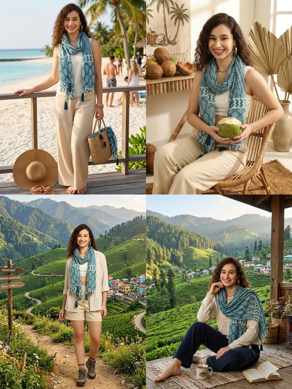 KE KANHA EXPORTS Scarf for Women Premium Cotton Boho | Dual Tone Border Print Stole with Tassels | Lightweight Summer Beach Wrap 180 x 50 cm |FREE Scrunchie Included (Aqua Blue)
