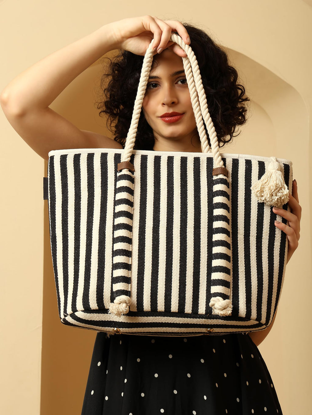 ENSAC Women’s Striped Canvas Beach Tote Bag with Rope Handles & Tassel – Large Shoulder Bag for Travel, Picnic & Shopping
