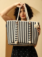 ENSAC Women’s Striped Canvas Beach Tote Bag with Rope Handles & Tassel – Large Shoulder Bag for Travel, Picnic & Shopping