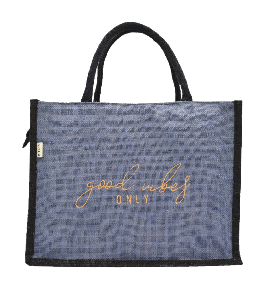 JUTEKA Teal Blue And Black,Quote Printed Jute Bag For Lunch, Office, Grocery, Picnic, Tiffin, Shopping Hand Bag With Padded Cotton Handles - Unisex-Adult