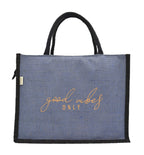 JUTEKA Teal Blue And Black,Quote Printed Jute Bag For Lunch, Office, Grocery, Picnic, Tiffin, Shopping Hand Bag With Padded Cotton Handles - Unisex-Adult