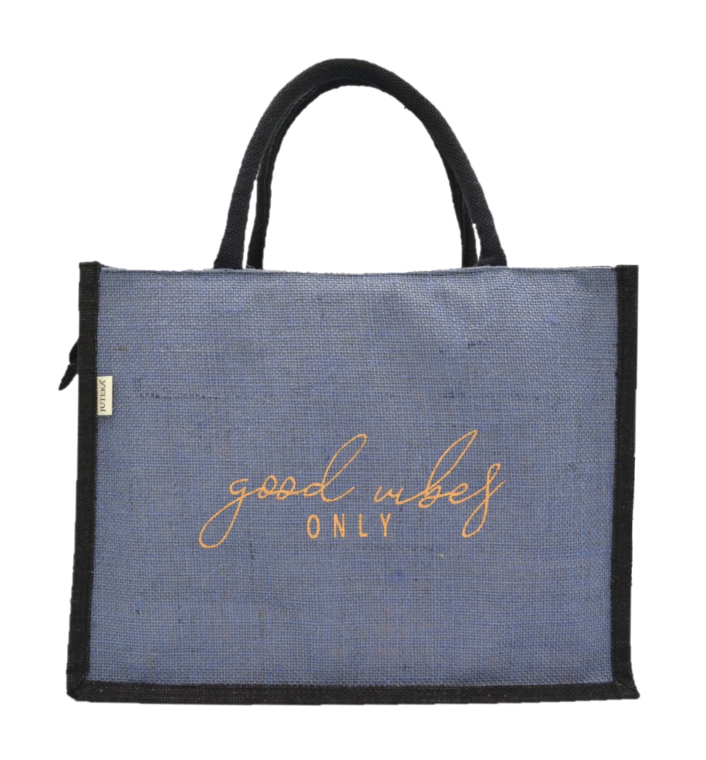 JUTEKA Teal Blue And Black,Quote Printed Jute Bag For Lunch, Office, Grocery, Picnic, Tiffin, Shopping Hand Bag With Padded Cotton Handles - Unisex-Adult