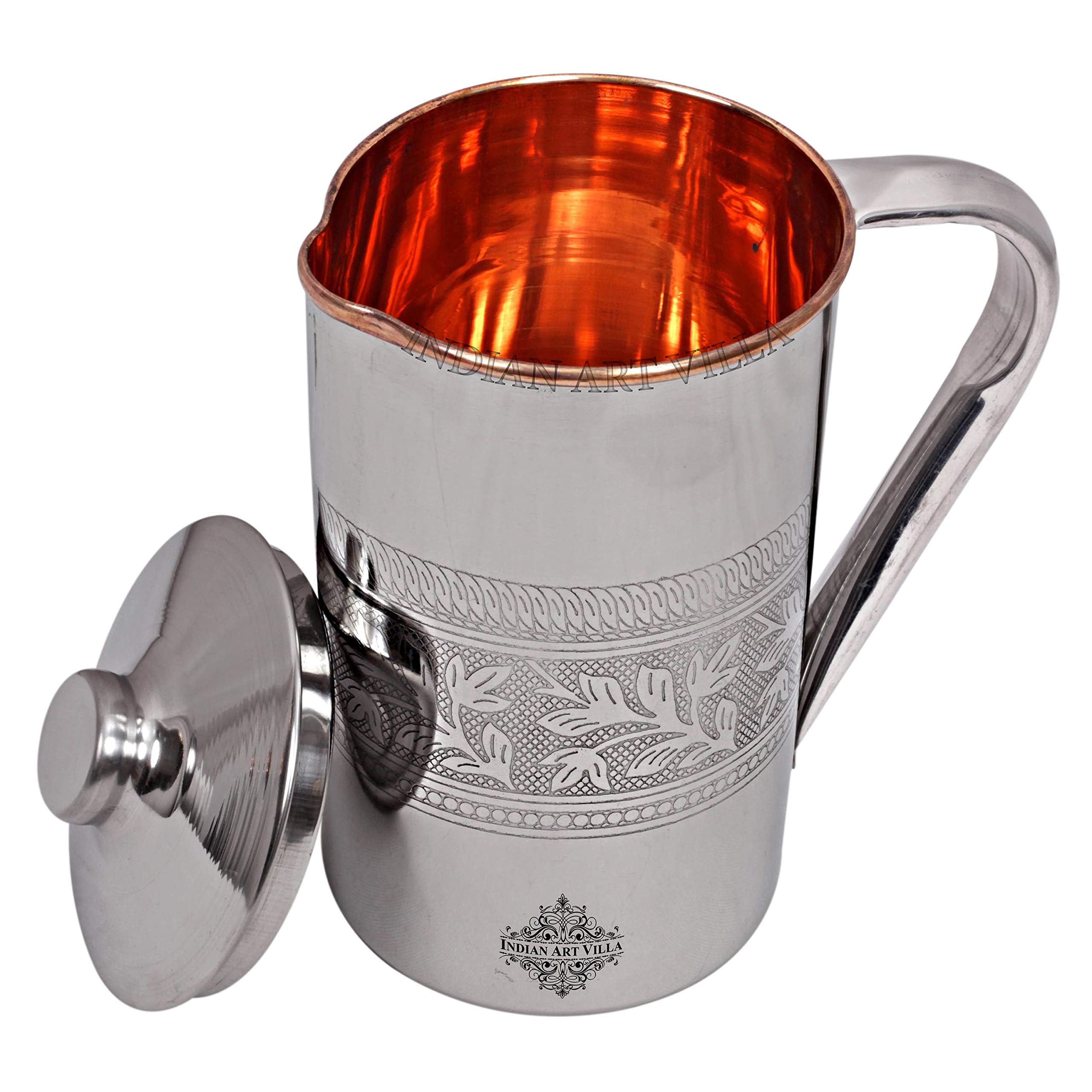 INDIAN ART VILLA Steel Copper Jug with Embossed Design, 2000 ml Drinkware & Serveware for Yoga and Daily Use
