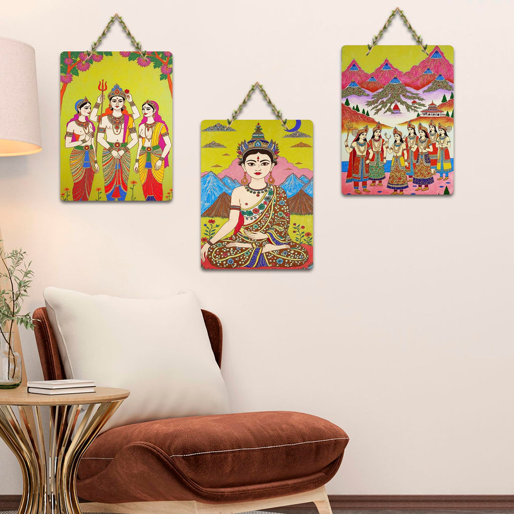 Artvibes Spiritual for Bedroom Wall Decor Decorative Wall Art MDF Wooden Wall Hanger for Living Room | Art For Wall | Wall Sculpture | Signs & Plaques | Wall Poster | Unique Gift (WH_9611N), Set of 3