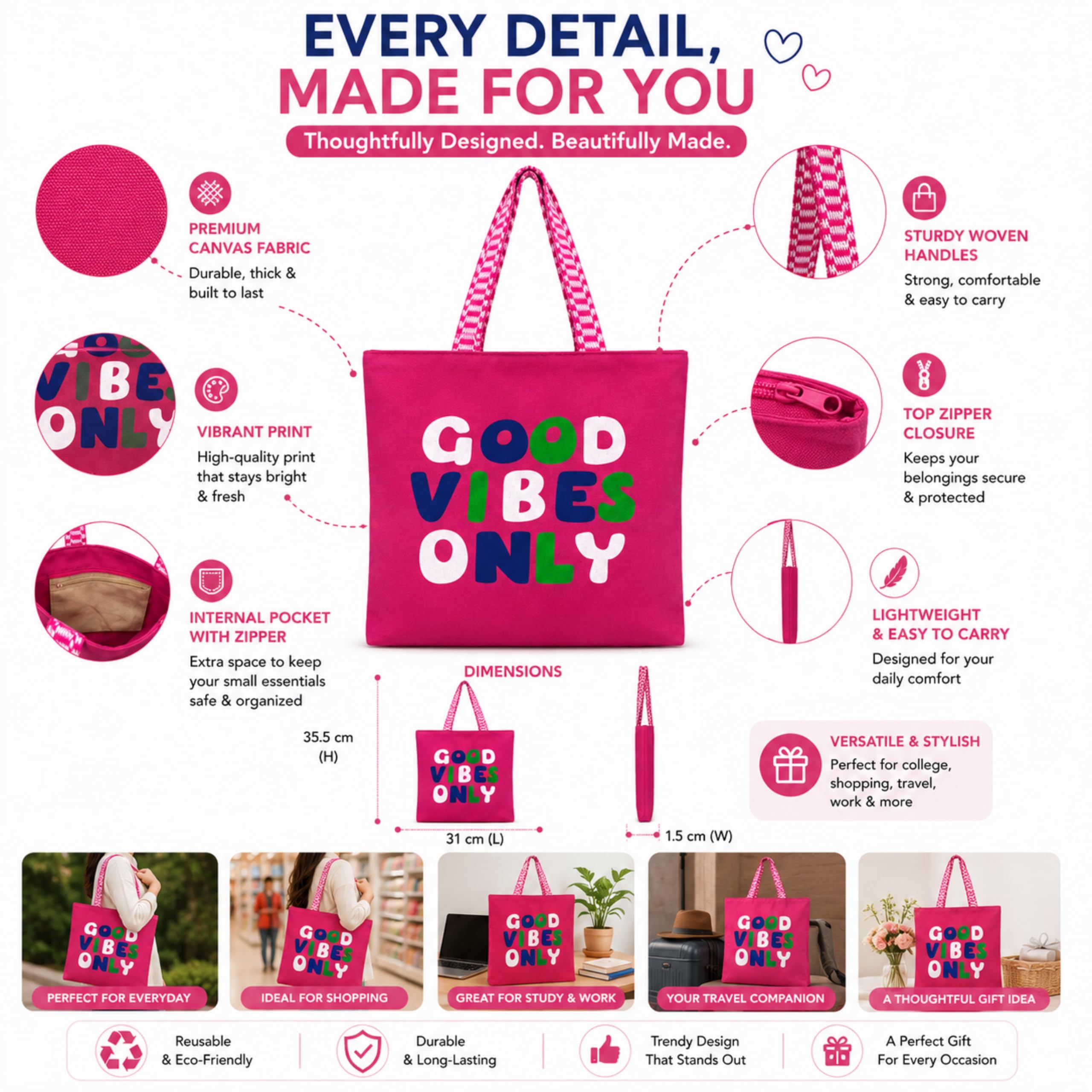cantainoo Tote Bags | 300 GSM Canvas Tote Bag for Women | Tote Bags for Women | College, Shopping, Office & Everyday Carry Bag (Good vibes-pink, Medium Pack of 1)