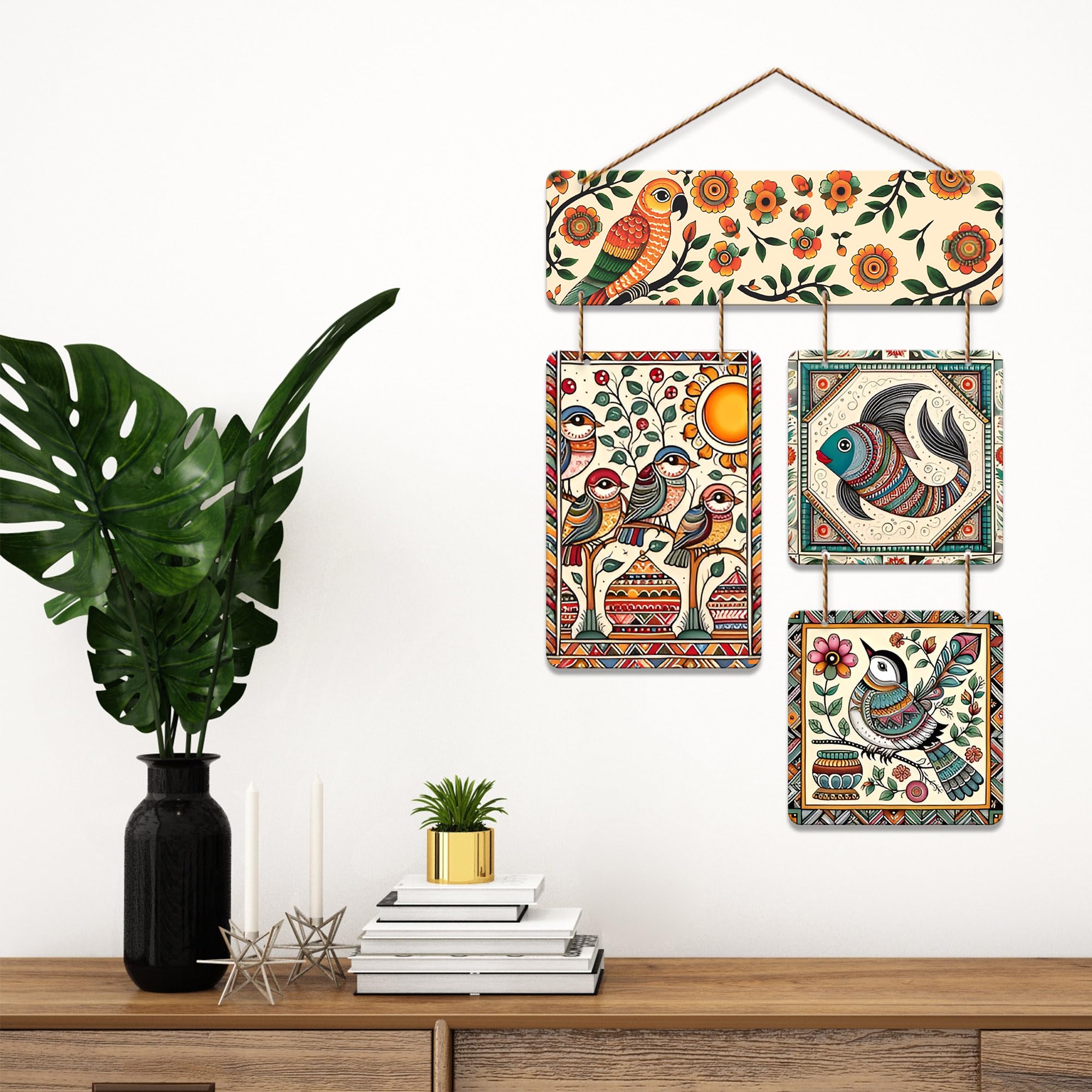 Artvibes Sparrows & Fish Ethnic Indian Folk Art Decorative Wall Art MDF Wooden Wall Hanger for Living Room | Wall Accent | Sceneries | Aesthetic Wooden Decor | Graphic Artwork | Ideal Gifts (WH_6539N)