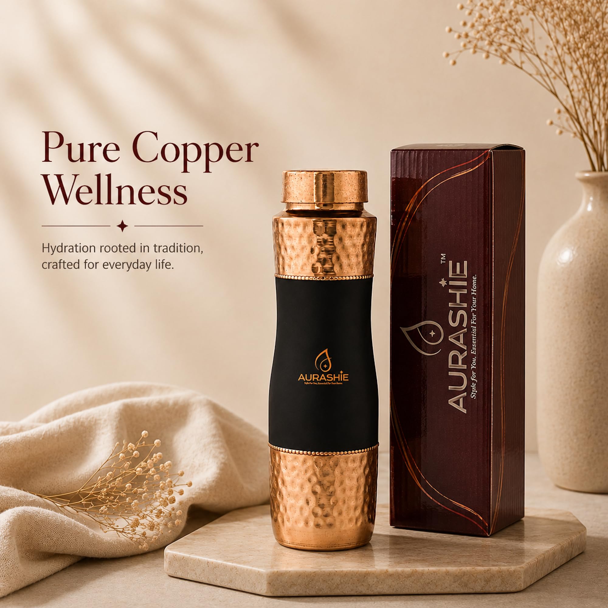 AURASHIE Pure Copper Water Bottle 1 Litre | BPA Free & Leak Proof | Copper-Infused Water | Durable & Rust Proof | Ayurveda Health Benefits - Hammered Finish (Brown Grip Sleeve)