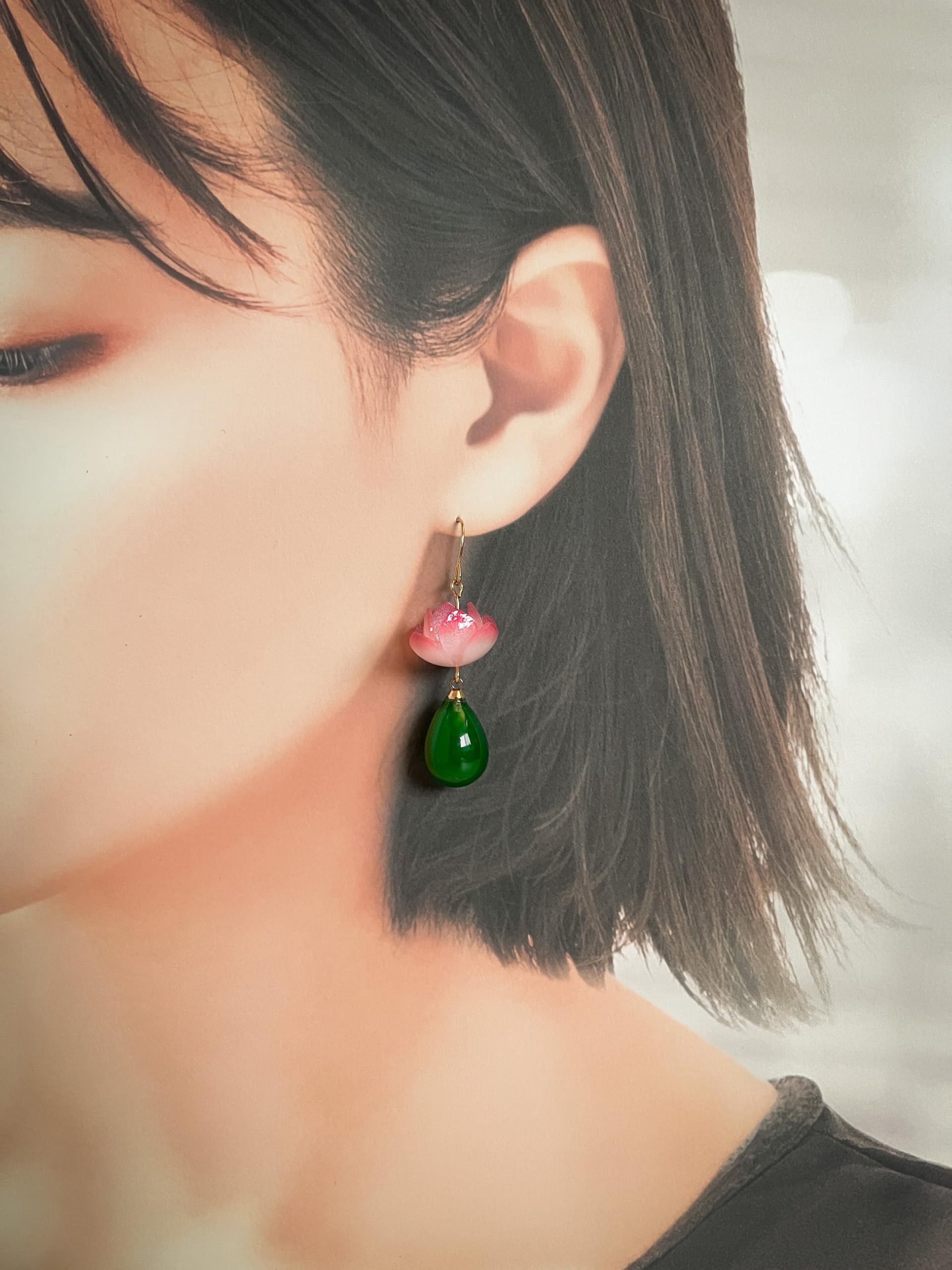 El Regalo Handmade Lotus Flower Dangle Earrings for Women & Girls | Elegant Pink Bloom & Green Teardrop Bead Drop Earrings | Nature-Inspired Traditional Boho Floral Fashion Jewellery Gift