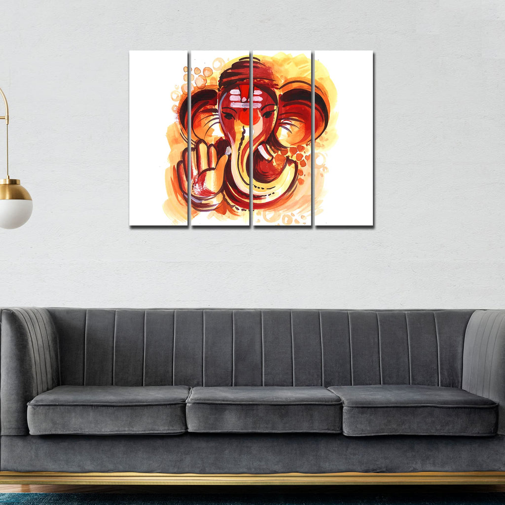 VIBECRAFTS 4 Pieces Deva Shree Ganesha Head Canvas Wall Painting Fitted With Wooden Frame For Home | Office | Living Room | Gift(PTVC4Pcs1_13524)