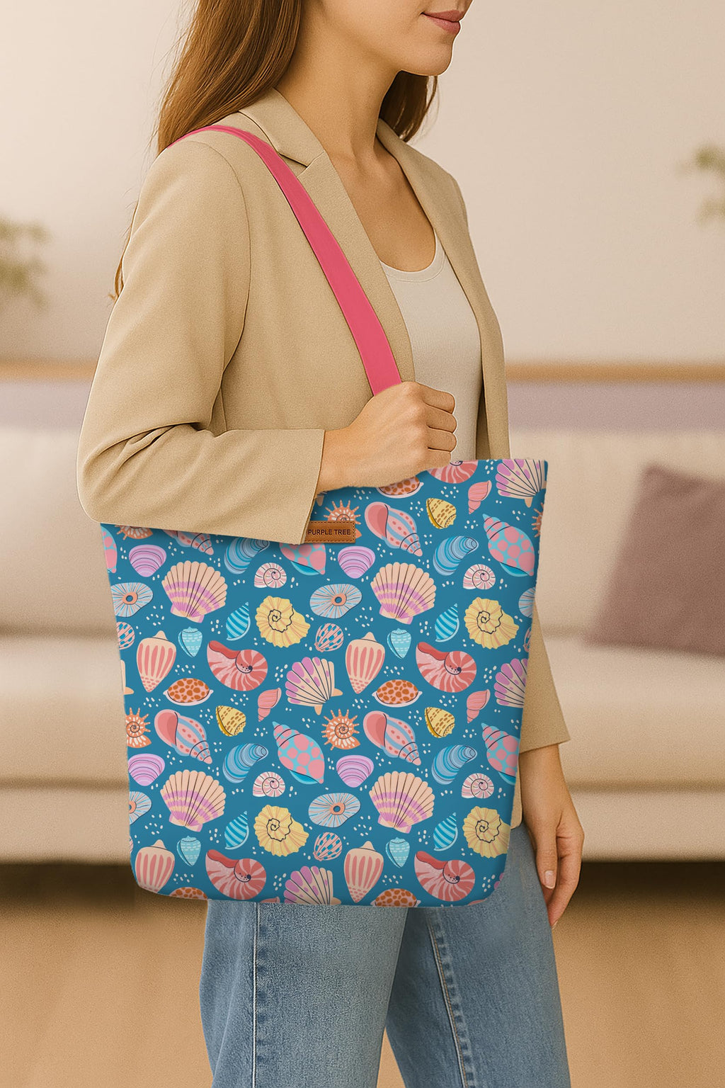 The Purple Tree Eco-Friendly Canvas Tote Bag, Sustainable, Reusable Shopping, Beach, Travel or Everyday Tote, Wide Tote Bag, Seashell Art