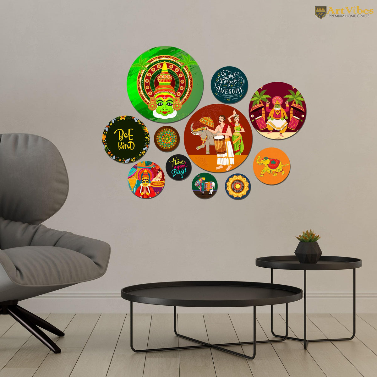 Artvibes Don't Forget To Be Awesome Decorative Round Shape MDF Wooden Wall Hanging | Quotes Decor Item | Wall Poster | Office Decor | Mdf Wall Decoration | Gift Items (WPS_145N), Set of 11