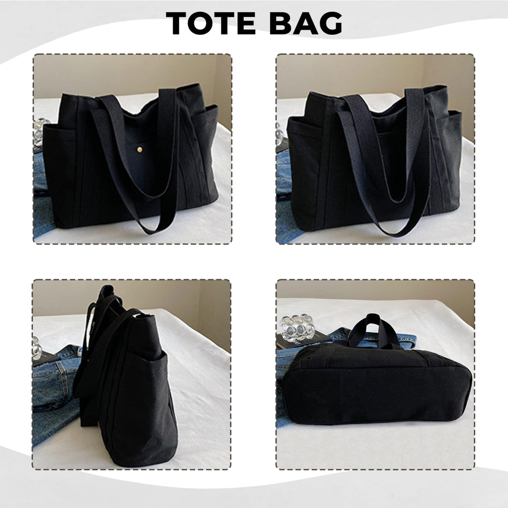 Kraptick Canvas Tote Bags, Stylish Shoulder Tote Bag Everyday Use For Women, Sylish Compact Tote Bag Perfect for Shopping (Black)