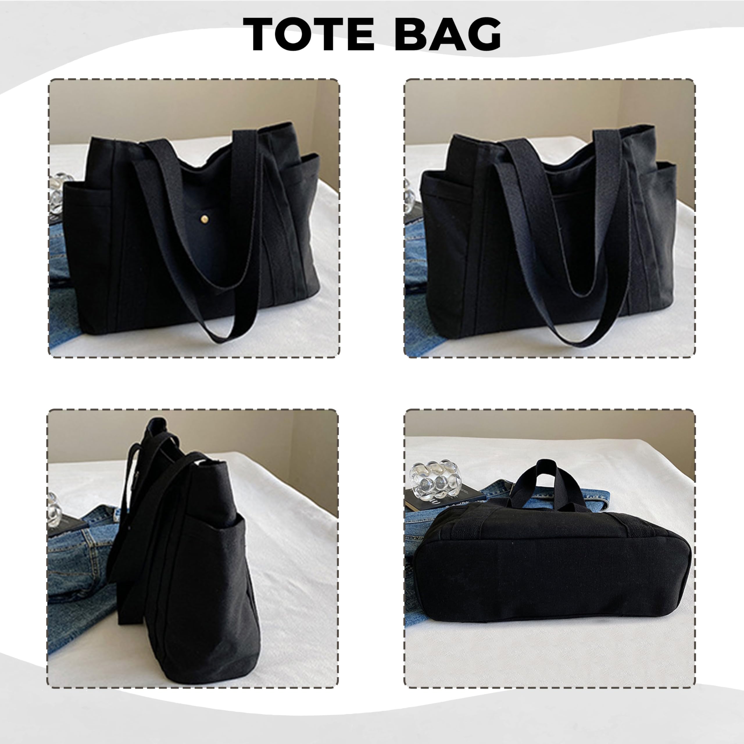 Kraptick Canvas Tote Bags, Stylish Shoulder Tote Bag Everyday Use For Women, Sylish Compact Tote Bag Perfect for Shopping (Black)