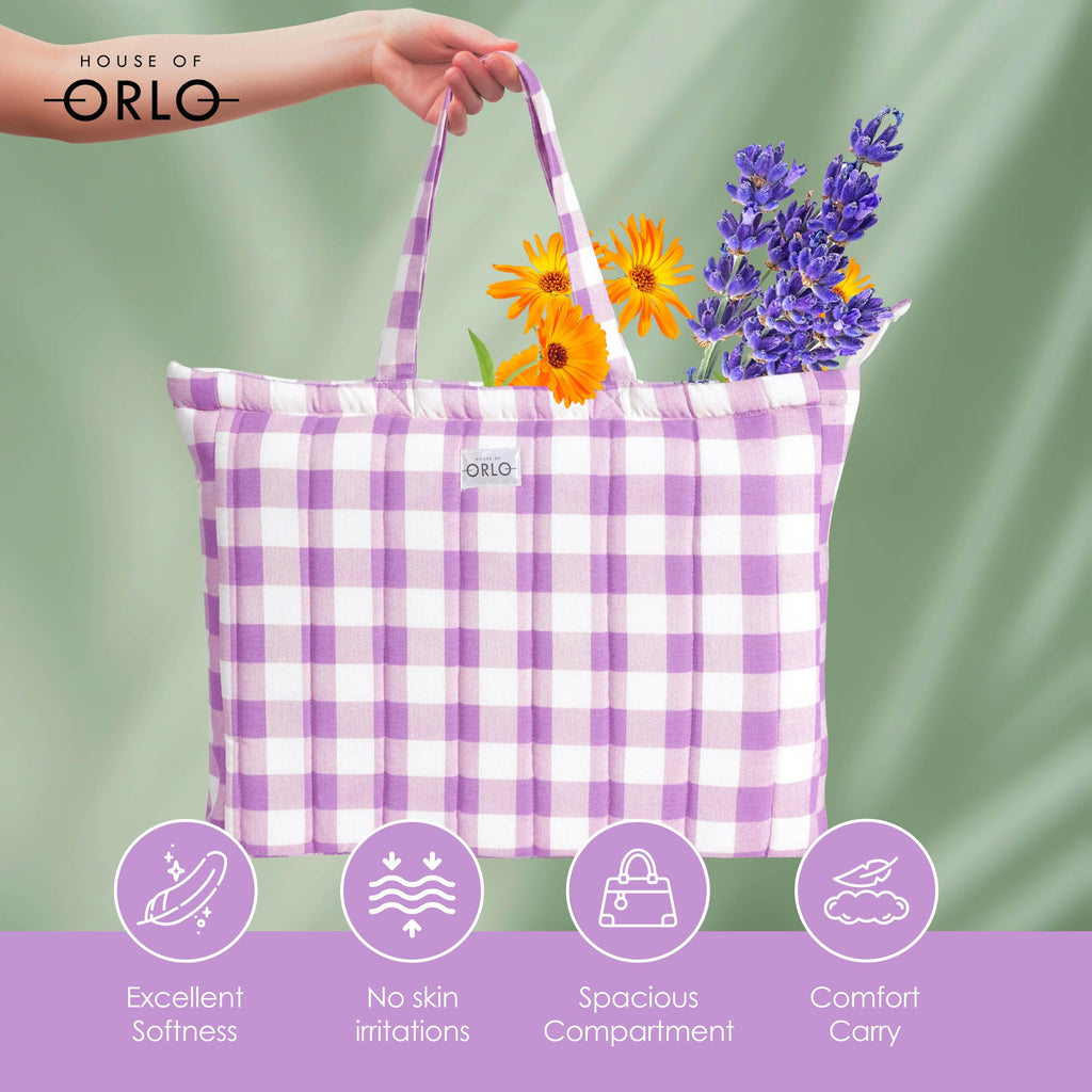 HOUSE OF ORLO: Pinteresty QUILTED 100% Cotton Checked Tote Bags with Zipper for Women - For College, Travel, Work and Daily Use -Small, Purple