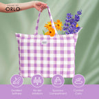 HOUSE OF ORLO: Pinteresty QUILTED 100% Cotton Checked Tote Bags with Zipper for Women - For College, Travel, Work and Daily Use -Small, Purple
