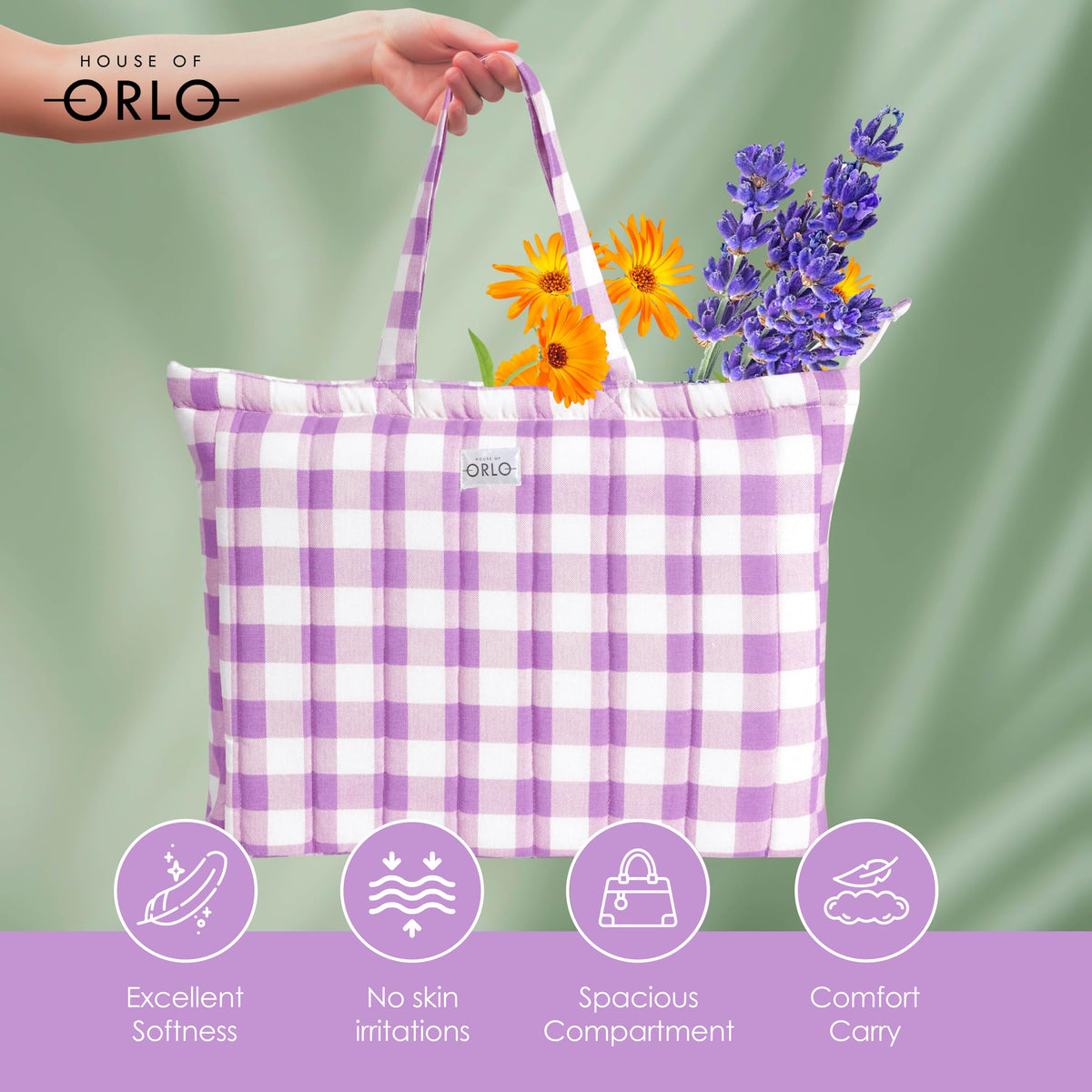 HOUSE OF ORLO: Pinteresty QUILTED 100% Cotton Checked Tote Bags with Zipper for Women - For College, Travel, Work and Daily Use -Small, Purple