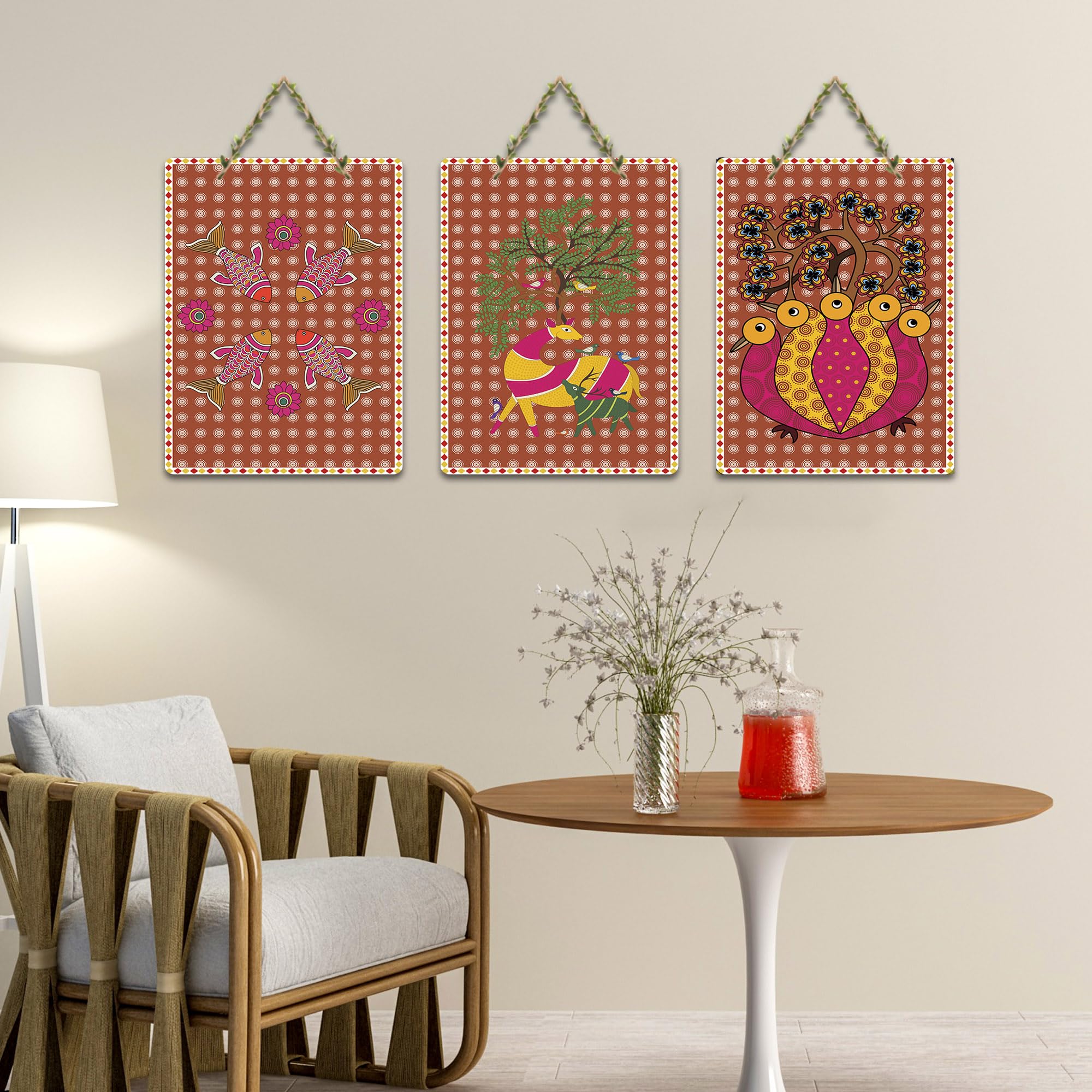 Artvibes Madhubani Inspired Ethnic Village Life Art Decorative Wall Art MDF Wooden Wall Hanger for Home | Printed Wall Decoration | Wall Illustrations | Graphic Art | Gift Items (WH_9676N), Set of 3
