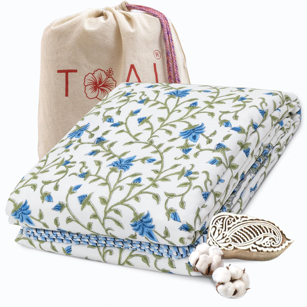 TOAIArt Premium Jaipuri Dohar | AC Blanket Summer Quilt | Hand Block Printed | 3 Layers | Reversible | 150GSM 100% Mulmul Cotton | 100% Cotton Flannel Filling | Single 60 X 90 |White Blue Florals Kafalo