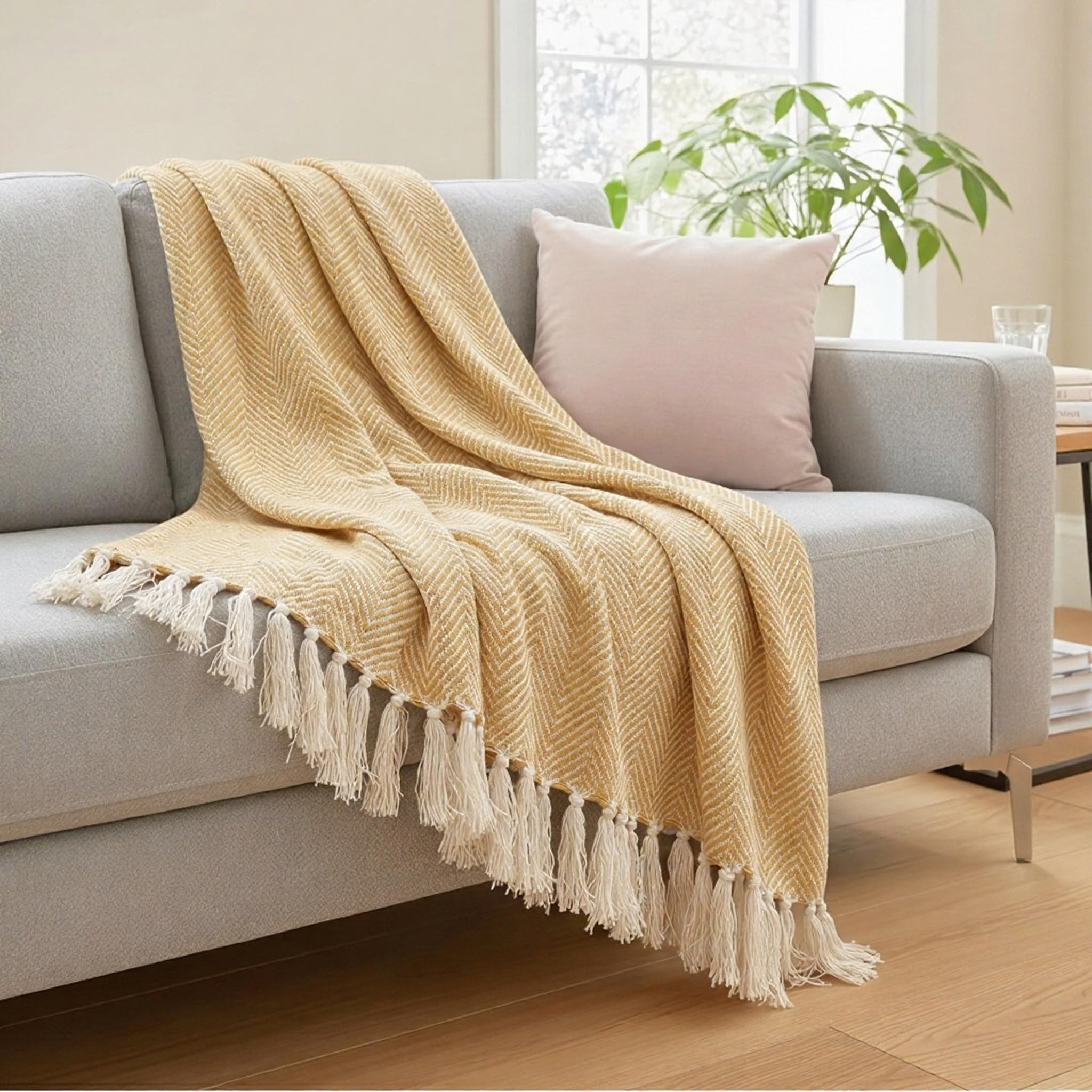 SAJAVAT HOME Hand Knitted Cotton Sofa Throw Blanket | Warm Yellow All-Season Accent for Sofa, Couch & Bed | Soft Lightweight Knit with Tassels | 80×52 Inches (204×132 cm) Kafalo