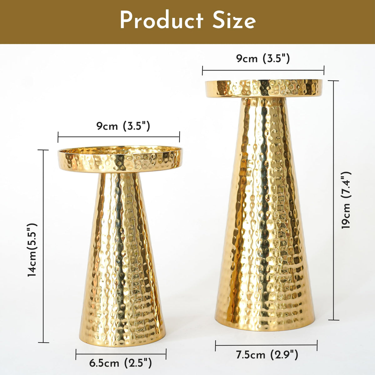 Behoma Hammered Large Metal Set of 2 Pillar Candle Holder with Gift Box