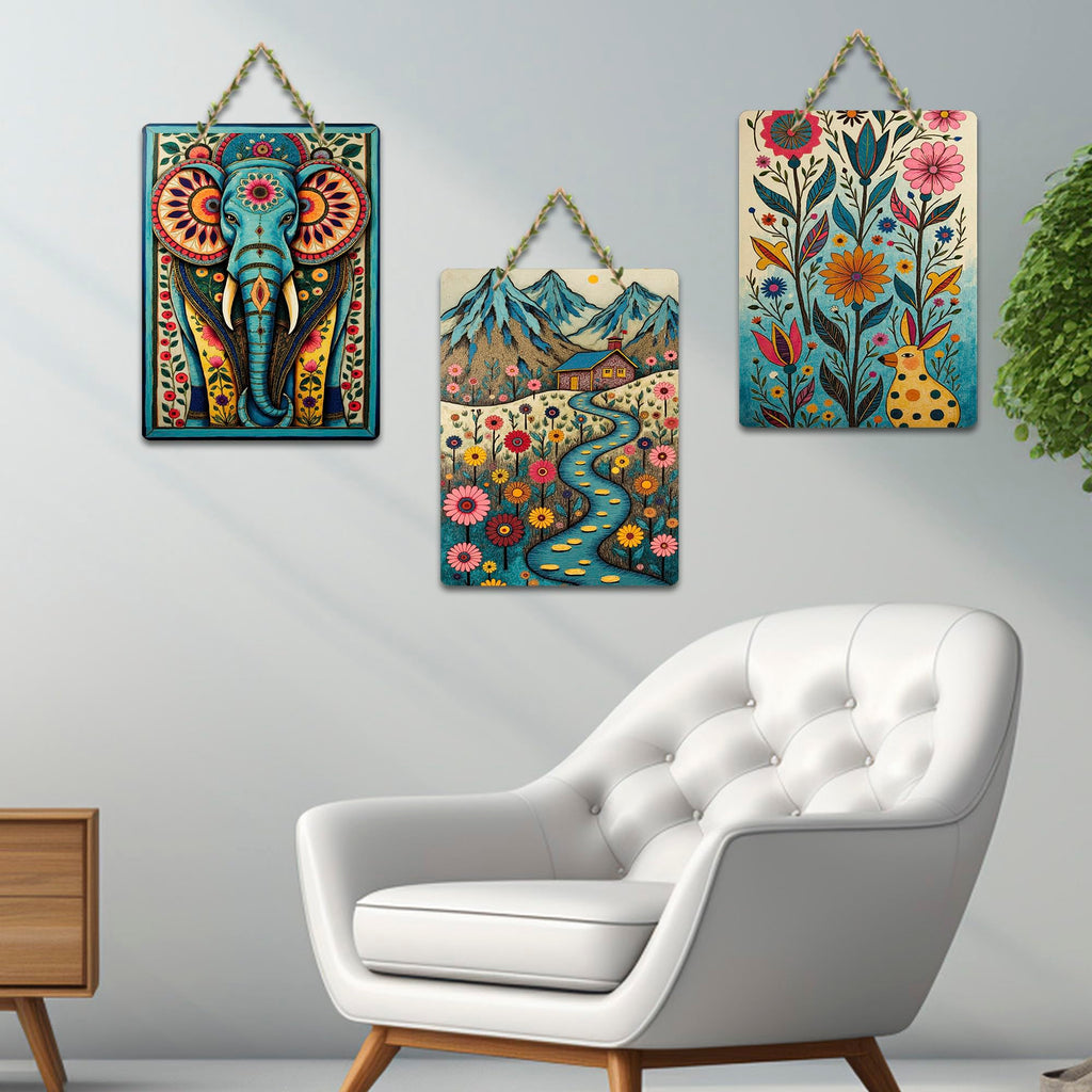 Artvibes Nature Theme Wall Art Wooden Art Decoration Item for Home | Modern Decoration Items | Living Room | Bedroom | Office | Artwork | Aesthetic Wooden Decor | Ideal Gifts (WH_96114N), Set of 3