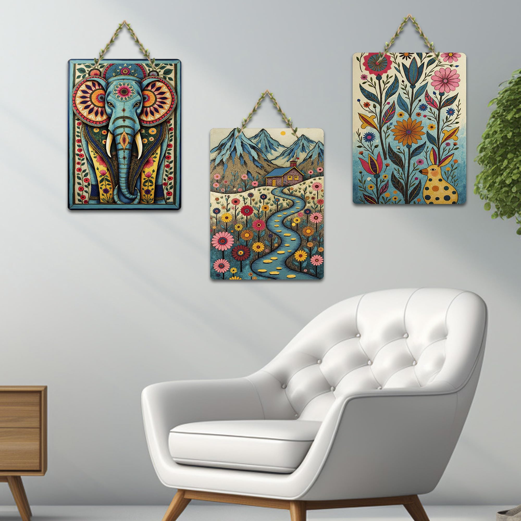 Artvibes Nature Theme Wall Art Wooden Art Decoration Item for Home | Modern Decoration Items | Living Room | Bedroom | Office | Artwork | Aesthetic Wooden Decor | Ideal Gifts (WH_96114N), Set of 3
